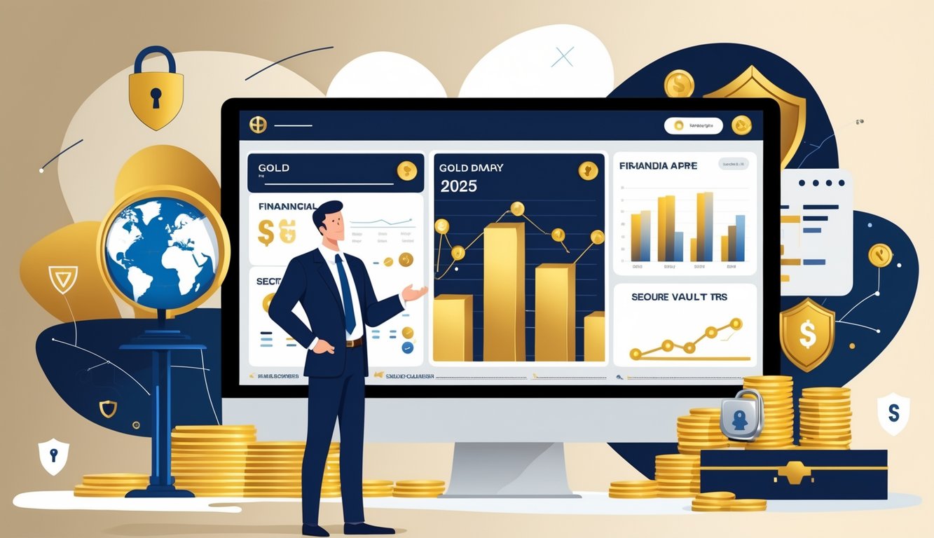A financial advisor in a modern office presenting gold bars, charts, and security icons representing trusted gold retirement investment services.