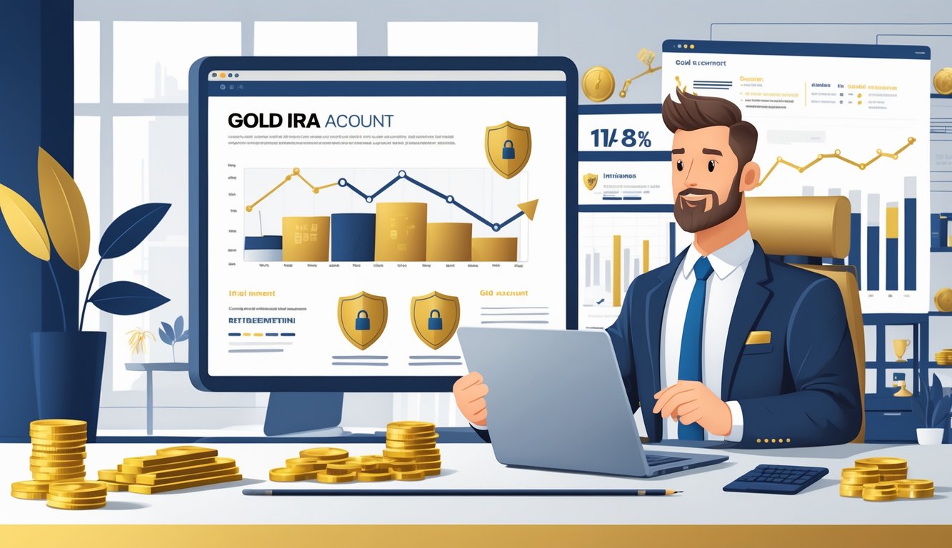 A financial advisor explaining gold investment options to a client in a modern office with gold coins and bars on the desk and financial charts displayed on a screen.
