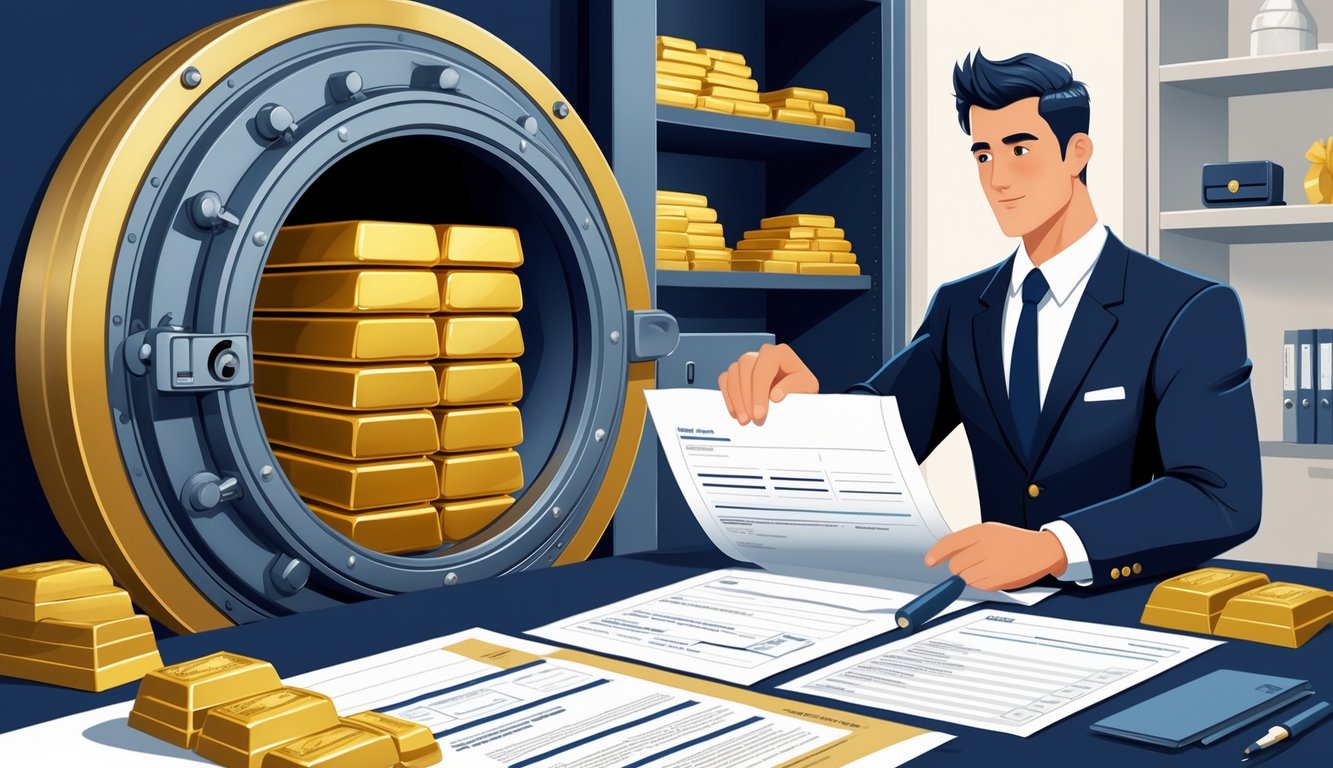 A secure vault filled with gold bars next to official documents on a desk, with a professional reviewing them in a home office setting.