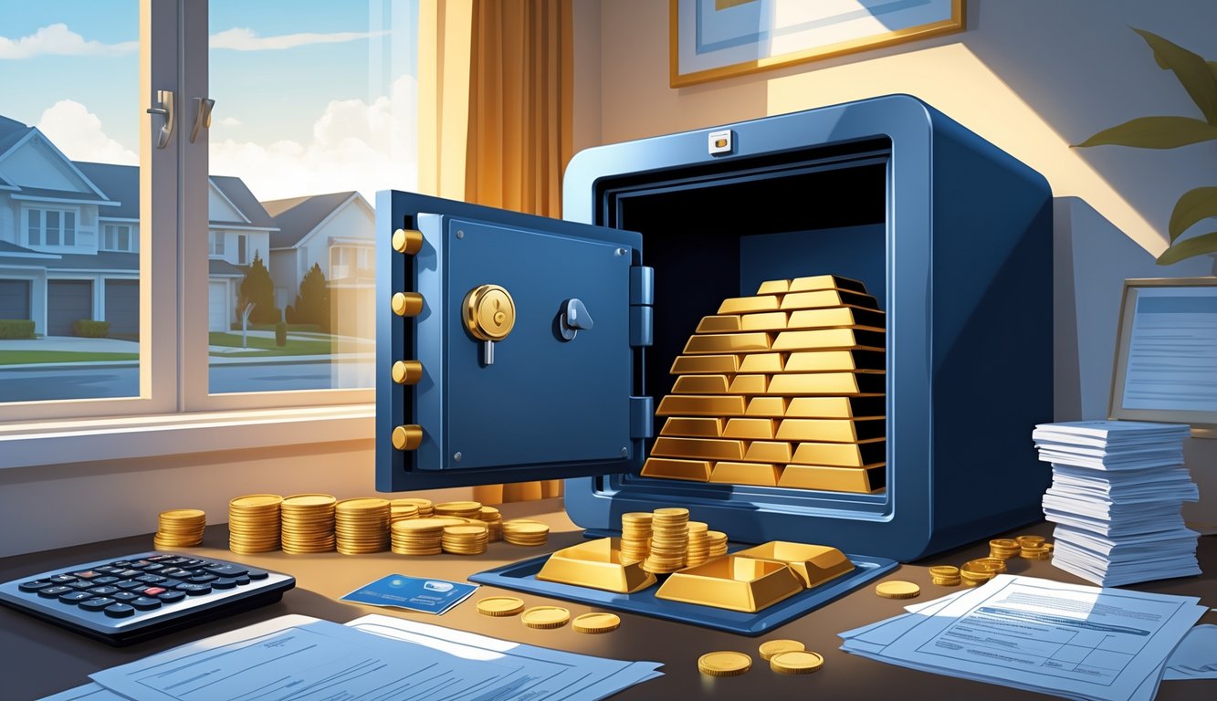 A secure home safe open to reveal gold bars and coins inside, placed in a tidy room with financial documents nearby.