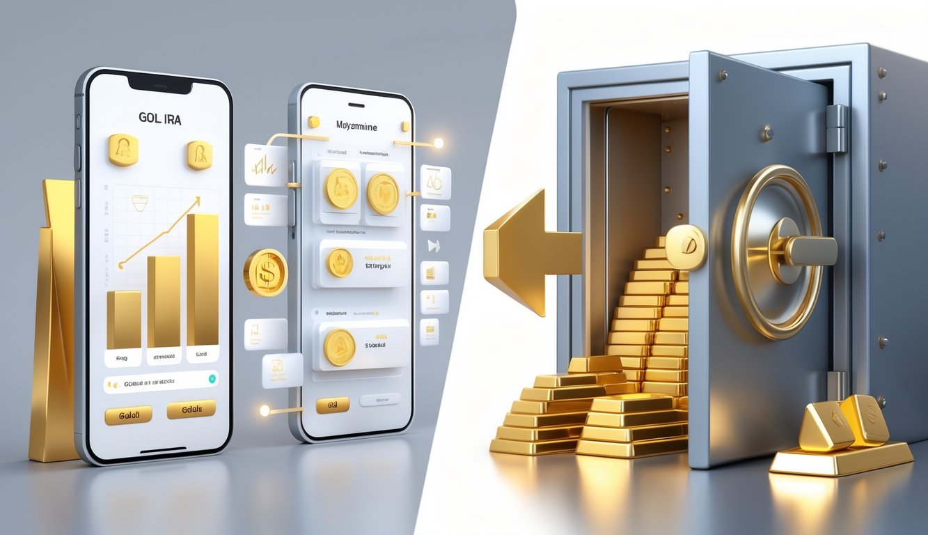 A comparison scene showing a digital Gold IRA account interface on one side and physical gold bars and coins inside a safe on the other side.