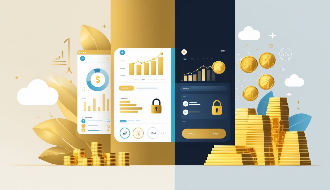 A comparison scene showing a digital financial dashboard representing a Gold IRA on one side and physical gold bars and coins on the other side.