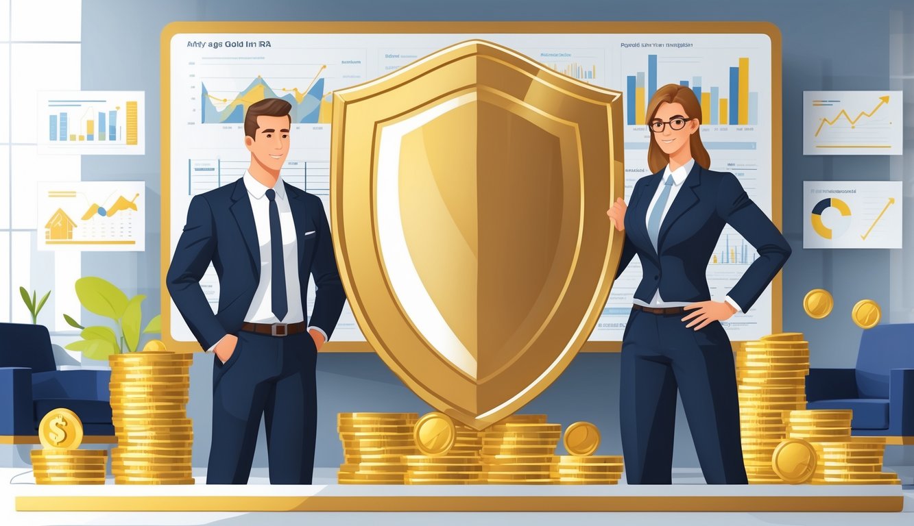 A business professional standing next to a large golden shield with financial charts and gold coins in the background, symbolizing investment security.