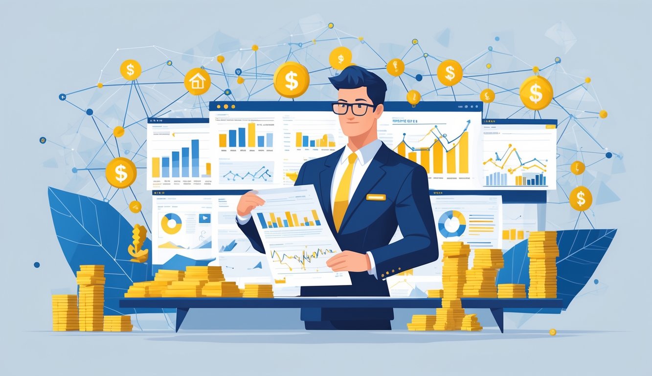 A business professional reviewing financial documents at a desk surrounded by symbols of gold bars, real estate, and investment charts.