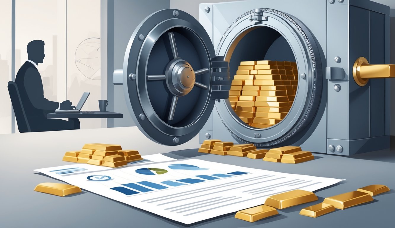 A secure vault with gold bars inside, a financial document with charts in front, and a financial advisor consulting a client in the background.