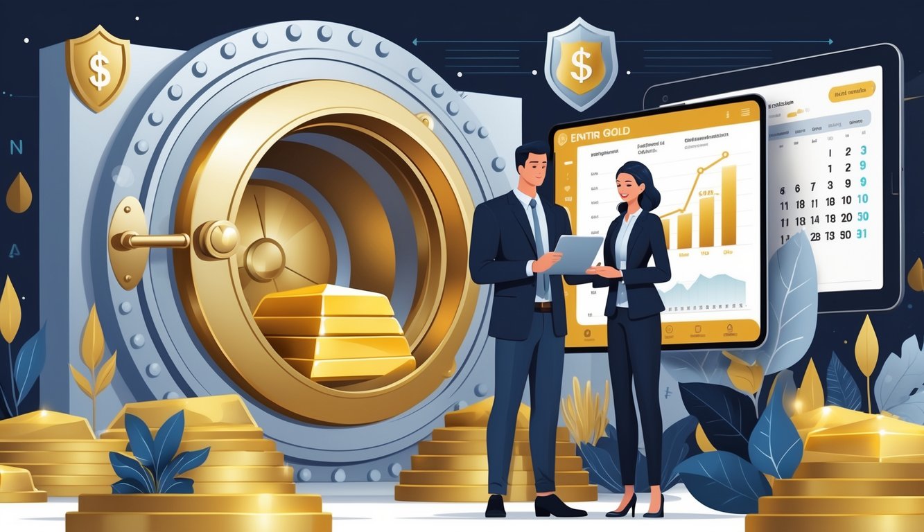 A financial advisor explains gold investment to a couple in front of an open vault filled with gold bars, symbolizing secure retirement savings.