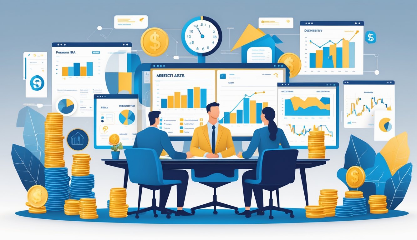 A financial advisor discussing different types of self-directed IRAs with clients, surrounded by symbols of gold, real estate, stocks, and alternative investments in an office setting.