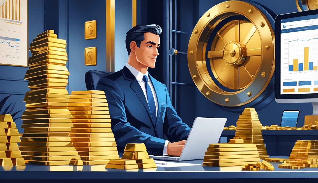 A financial advisor discussing gold investment options with a client in an office, with gold bars and coins on the desk and a secure vault in the background.