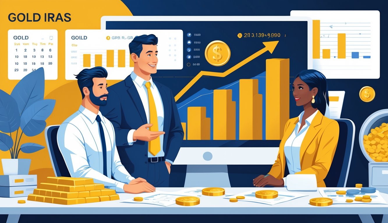 A financial advisor explains gold investment options to a couple at an office desk with gold bars, coins, and a growth chart on a screen behind them.