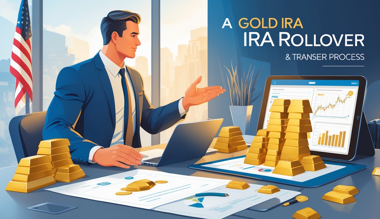 A financial advisor explains the gold IRA rollover and transfer process to a client in a modern office with gold bars and financial documents on the desk.