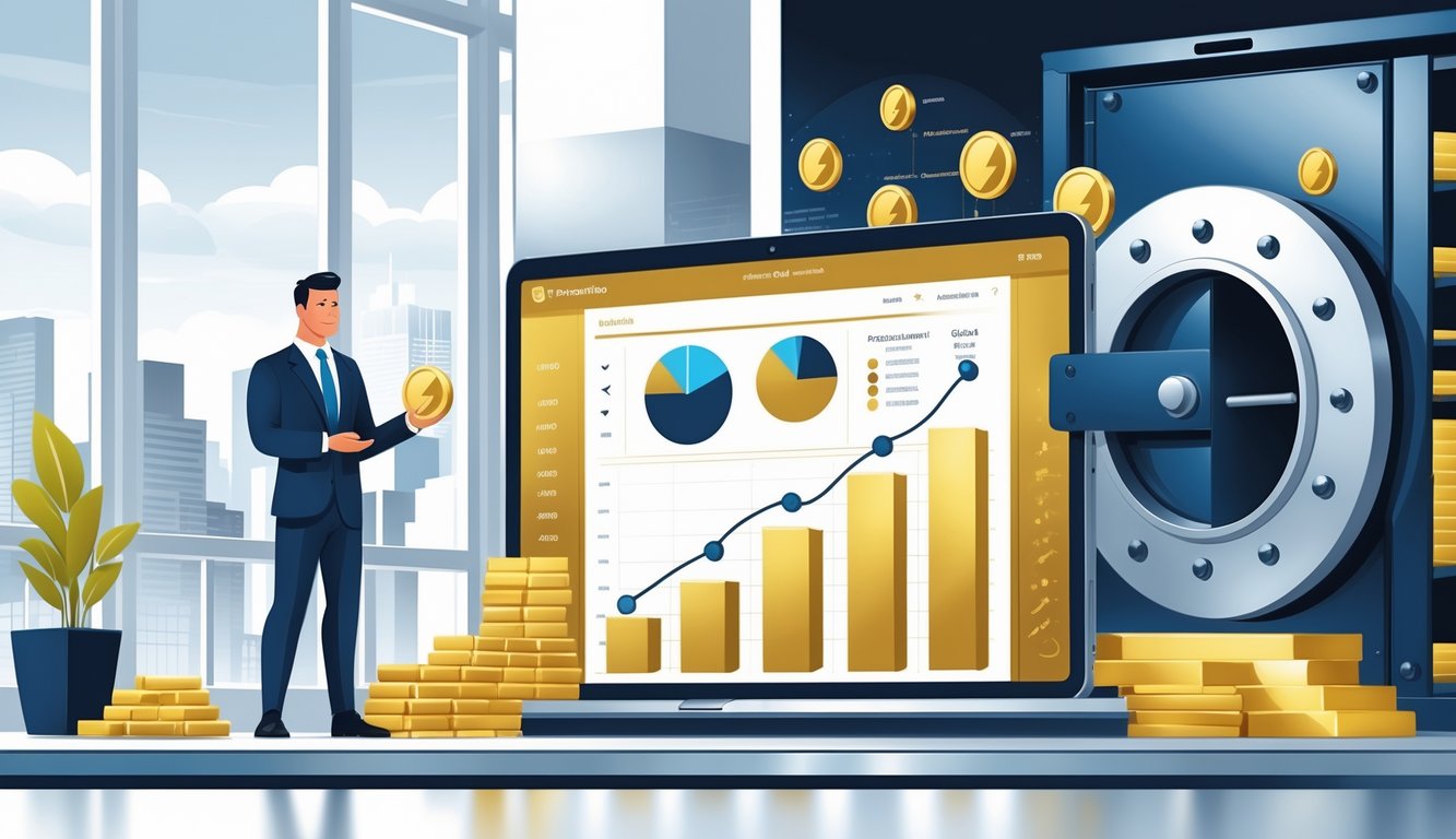 A financial advisor in an office presenting gold coins and bars on a digital tablet with investment charts and a secure vault in the background.