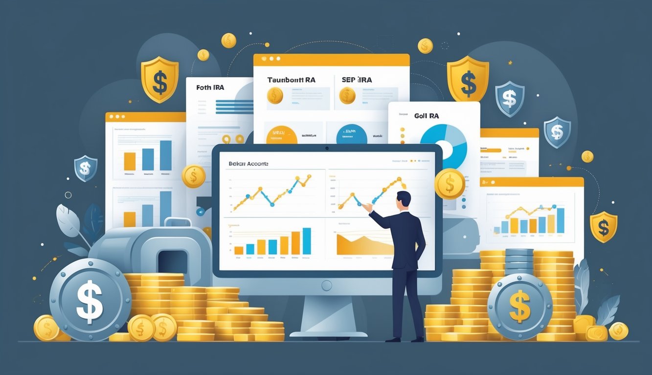 An illustration showing a financial advisor explaining different types of retirement accounts with gold bars, silver coins, and charts on a desk.