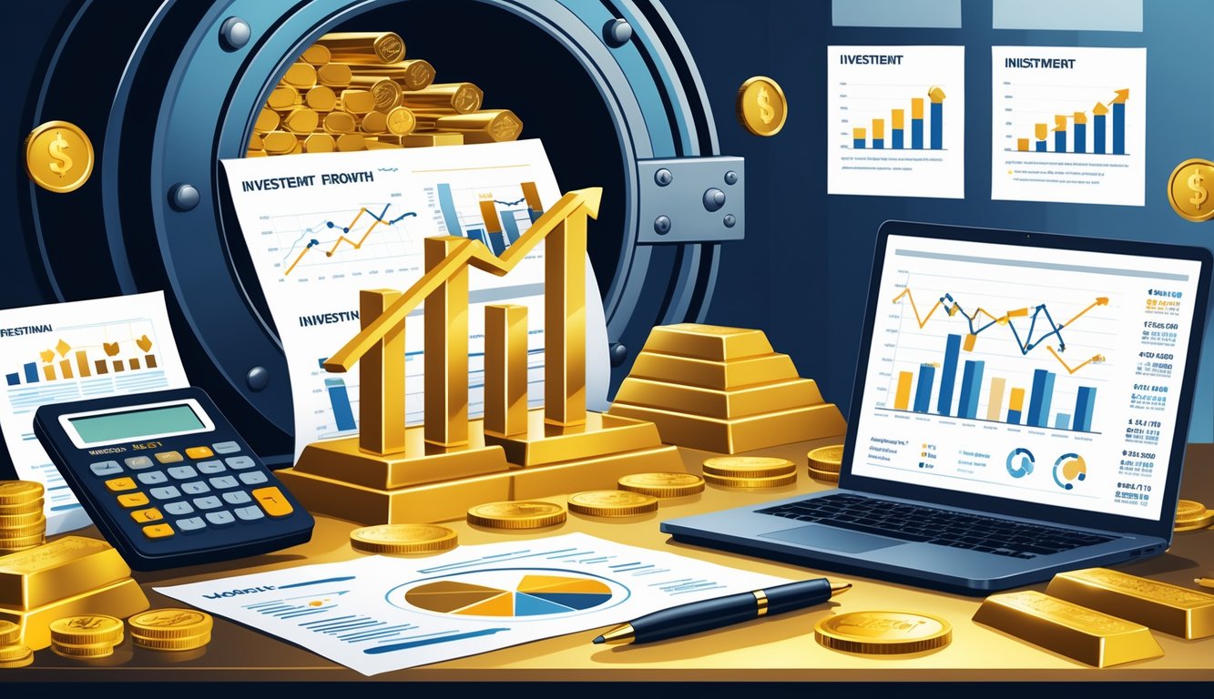 A desk with gold bars and coins, financial charts, a calculator, and a laptop showing investment data, alongside a vault door in the background.