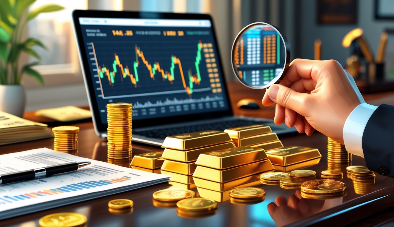 A desk with gold bars, gold coins, a laptop showing financial charts, and a hand holding a magnifying glass over the gold bars.