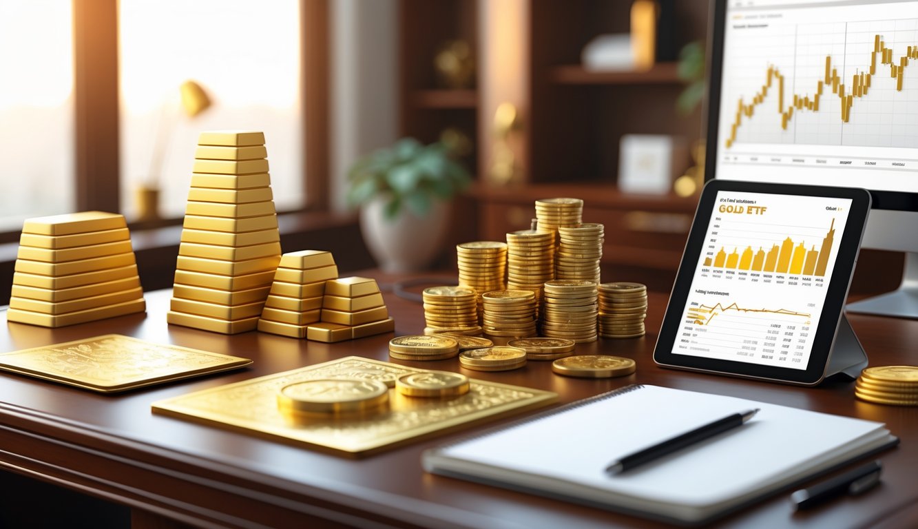 A desk with gold bars, gold coins, gold jewelry, a tablet showing a stock certificate, a notebook with a pen, and a computer screen displaying an upward-trending chart.