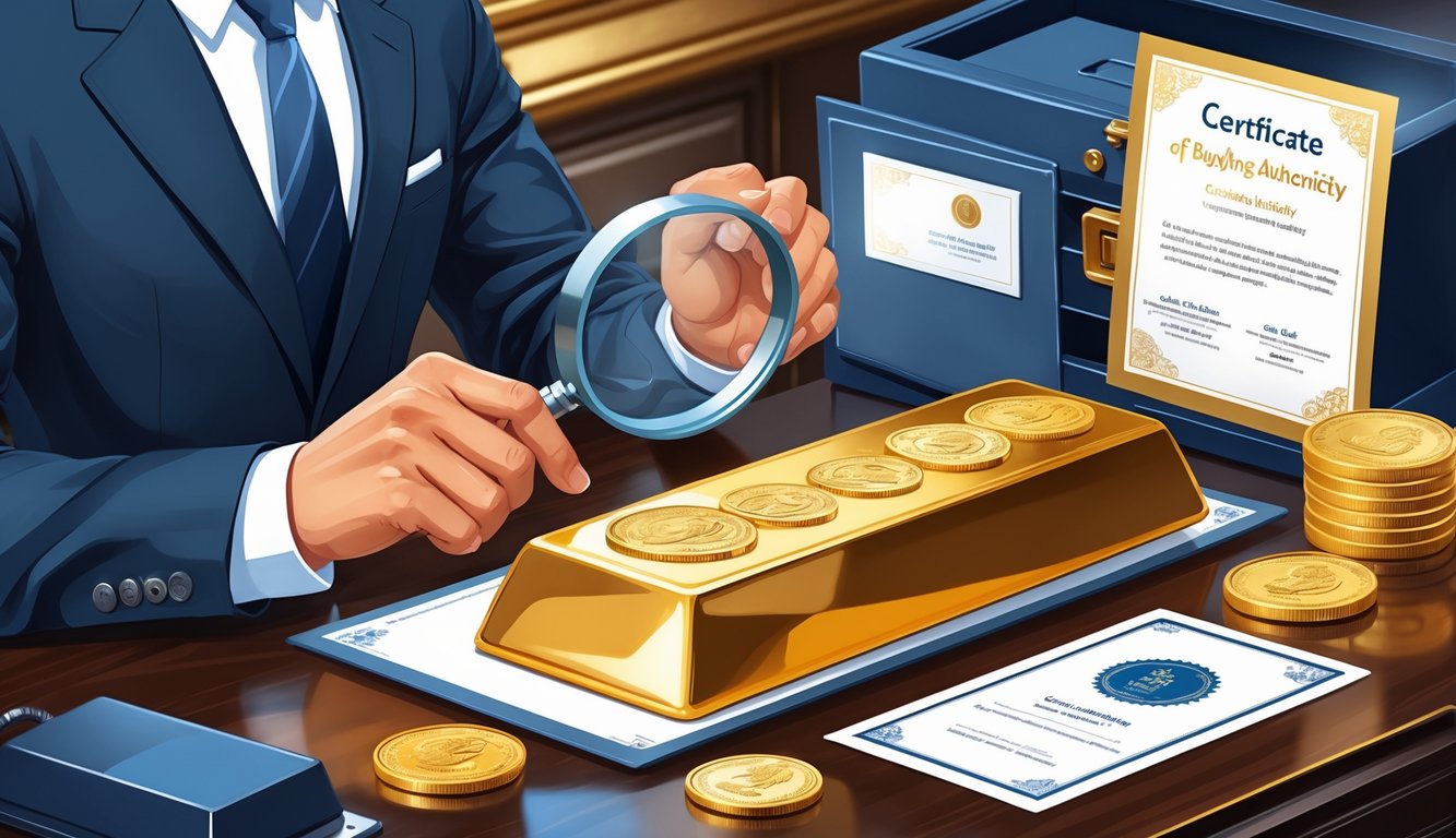 A person inspecting gold bars and coins on a table with a magnifying glass, next to a certificate and a secure lockbox, representing safe buying of physical gold.
