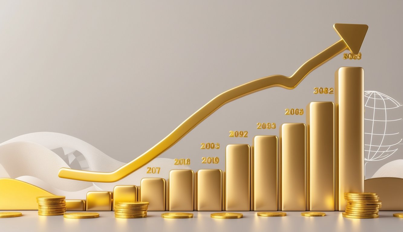 A gold line graph showing steady growth over thirty years with gold coins and bars in the background.