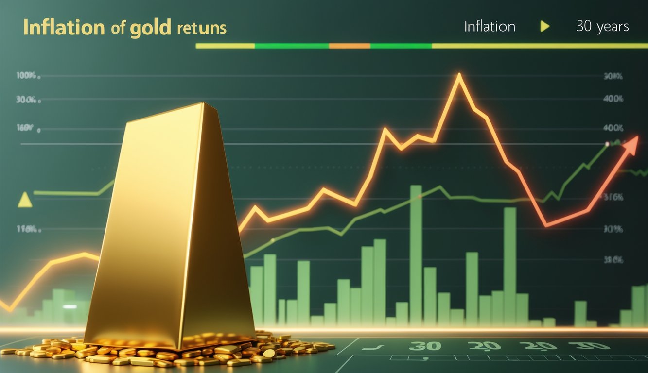 A golden bar in front of a line graph showing two lines representing gold returns and inflation rates over 30 years, with financial symbols in the background.