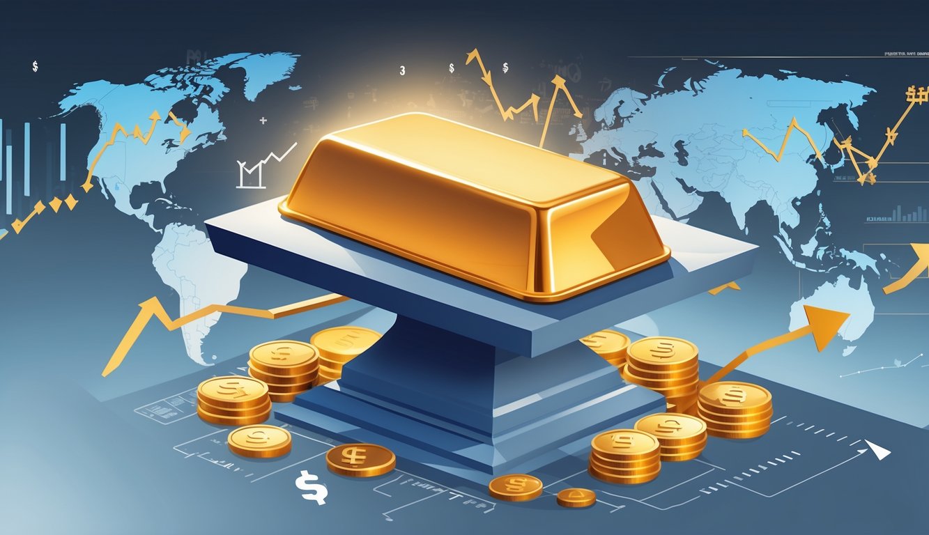 A large gold bar on a shield-shaped pedestal surrounded by financial symbols and graphs, representing gold as a safe and stable investment during economic uncertainty.