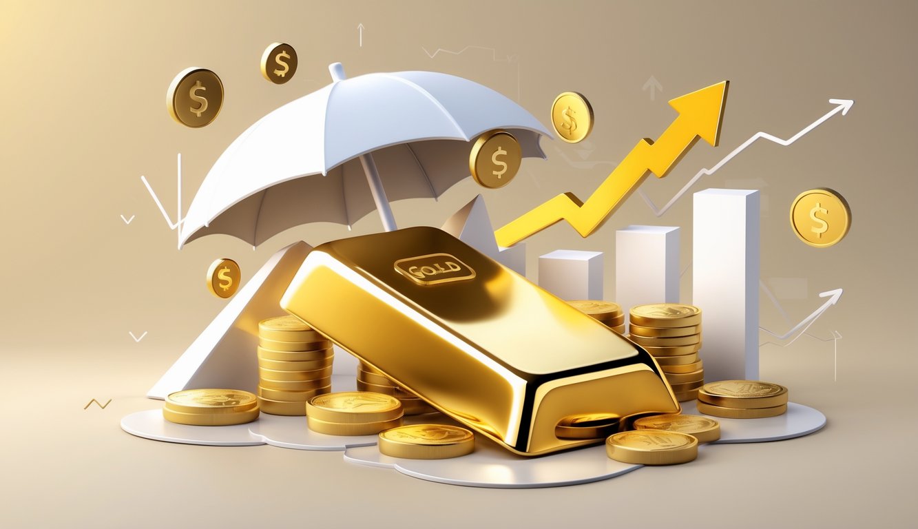 A gold bar surrounded by financial symbols like upward graphs and coins, with a shield representing protection, symbolizing gold as a safe investment against inflation.