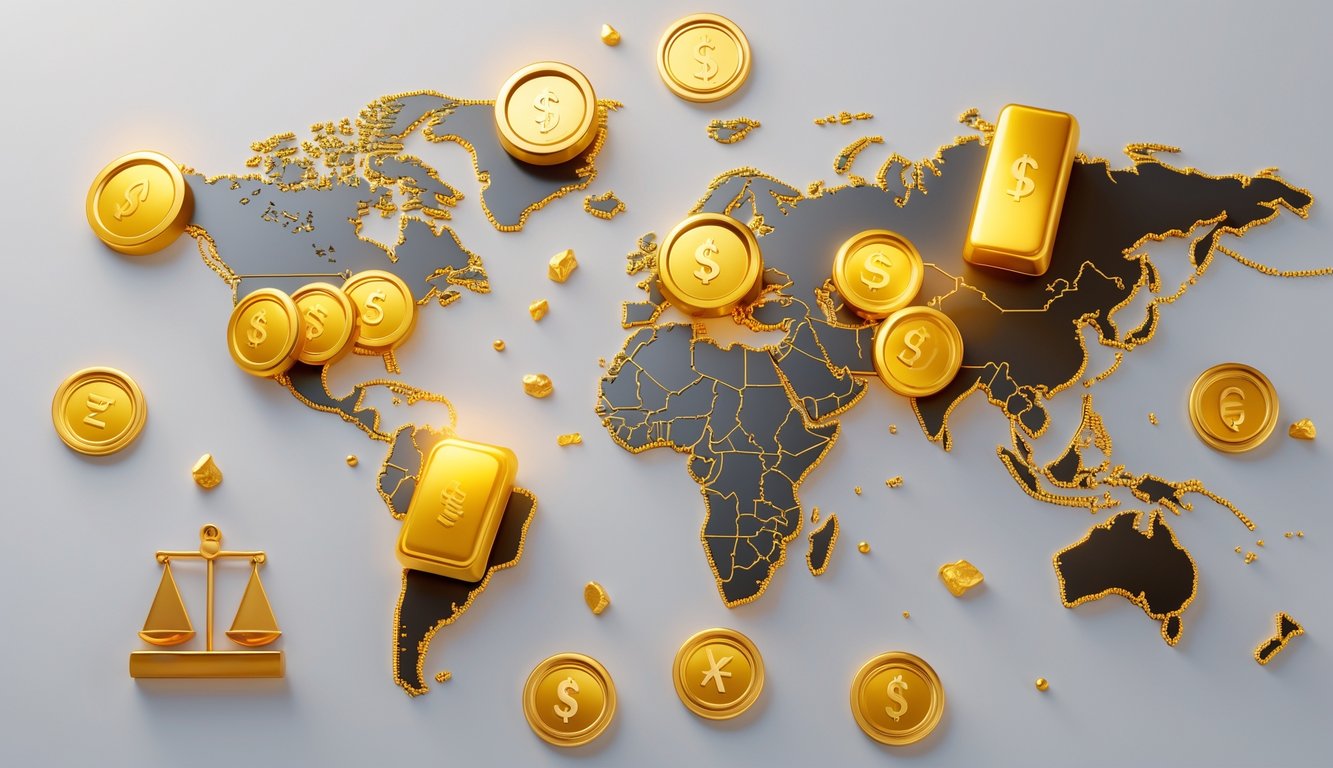 World map highlighting ten countries with gold coins and bars placed on them, surrounded by icons representing gold trade.