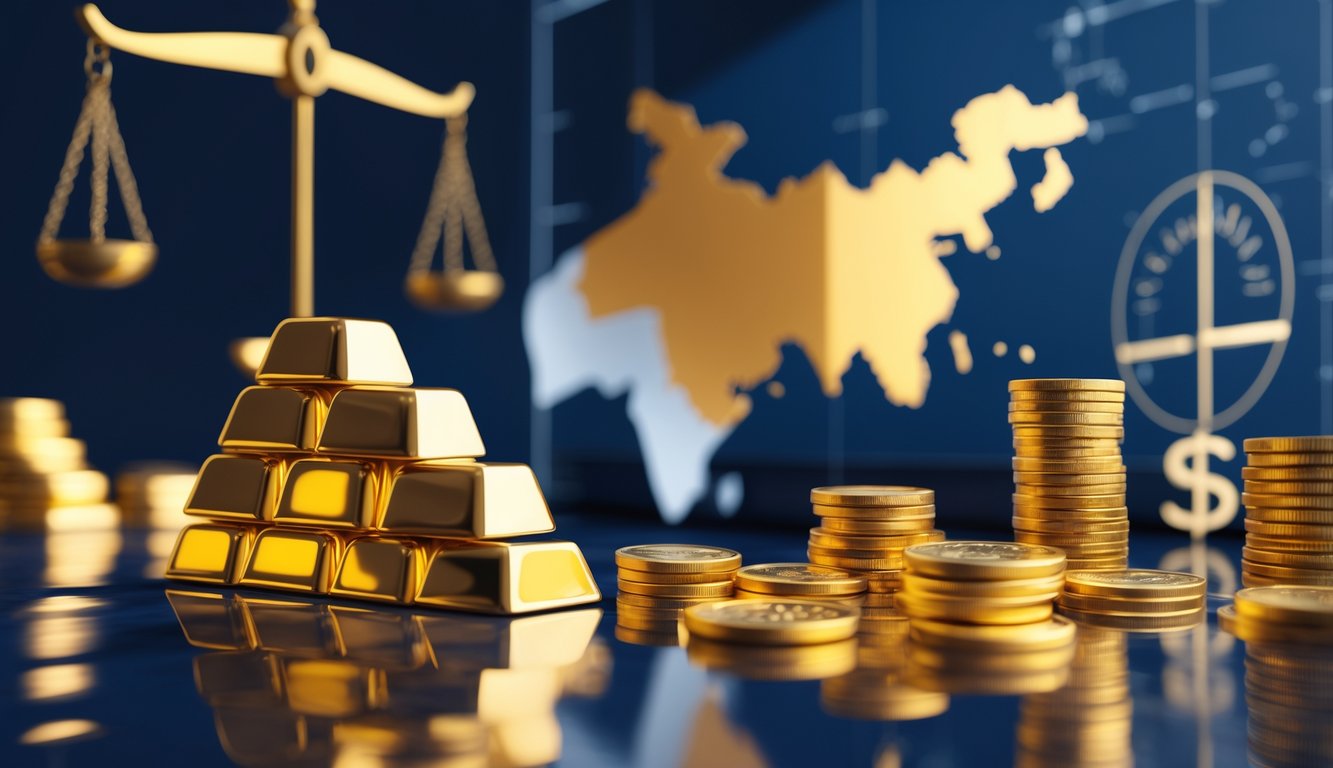 A detailed illustration showing a gold-highlighted map of the United Arab Emirates surrounded by outlines of other countries, with gold bars and coins in the foreground symbolizing affordable gold buying.