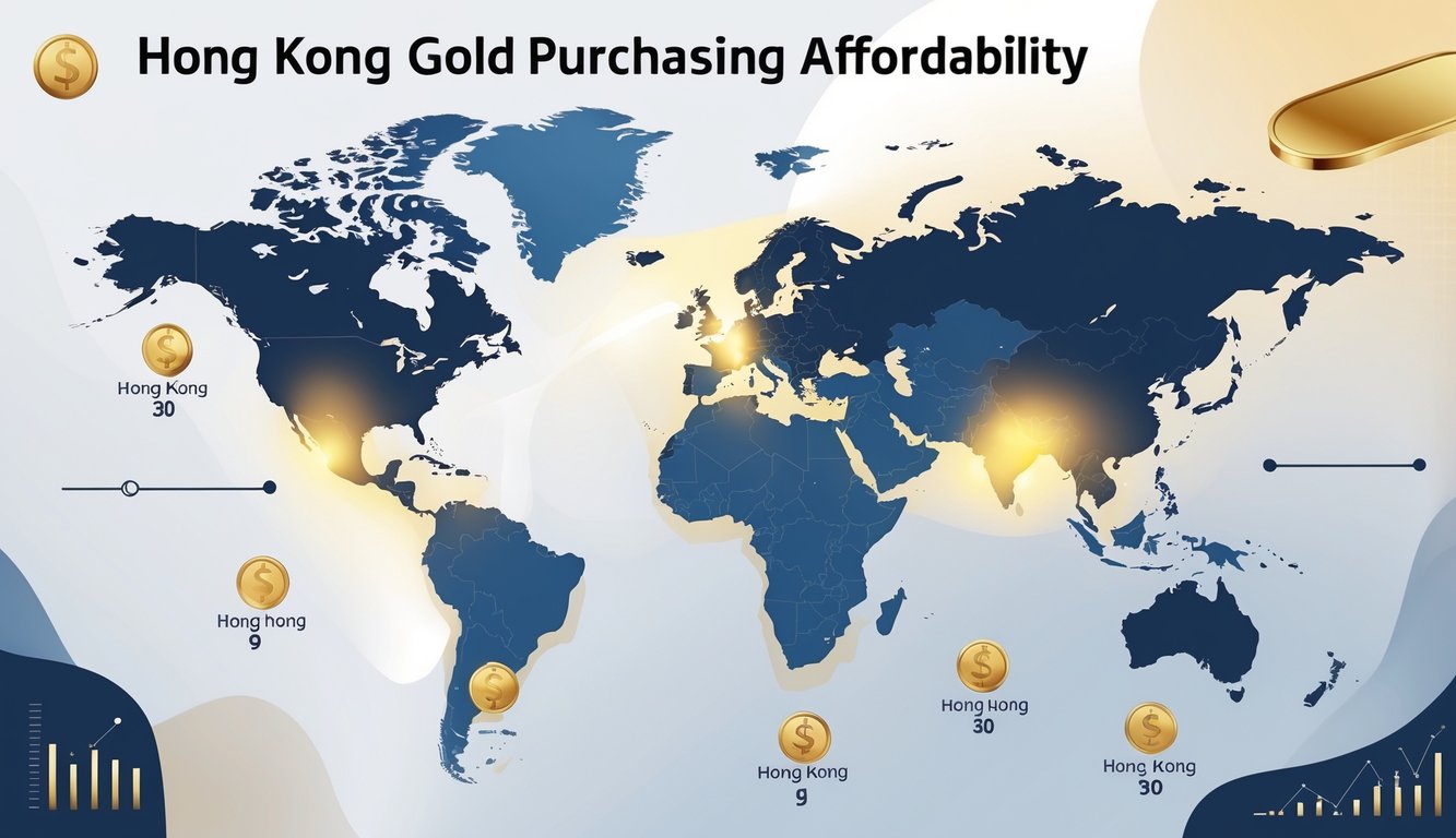 A world map highlighting Hong Kong and nine other countries with gold bars and coins indicating affordable gold buying locations.