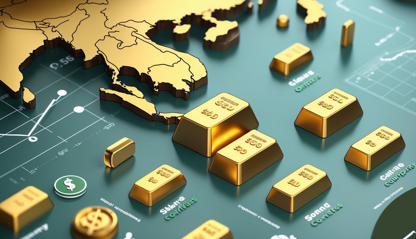 A map highlighting Singapore surrounded by ten gold bars representing the cheapest countries to buy gold.